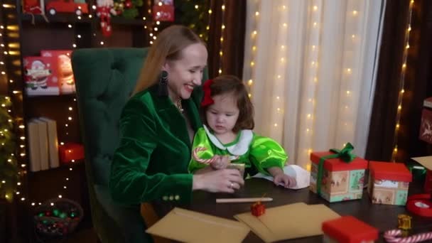 Happy Mother Daughter Touching Christmas Tree New Year Decorated Smiling — Wideo stockowe