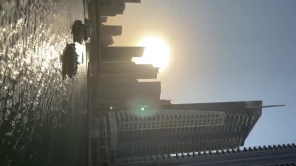 Vertical Video Panoramic View Dubai Business Bay Evening Boat Marina — Stockvideo