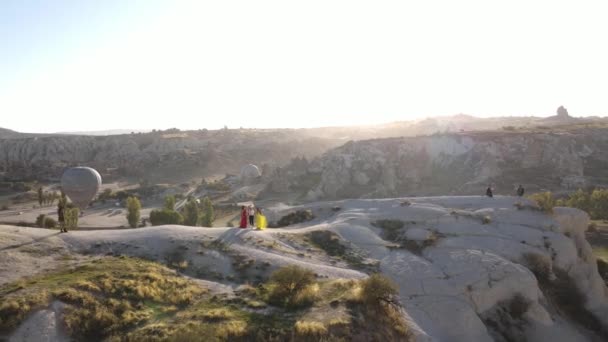 Drone Footage Girls Different Dress Cappadocia Champagne Sunset View Drone — 비디오