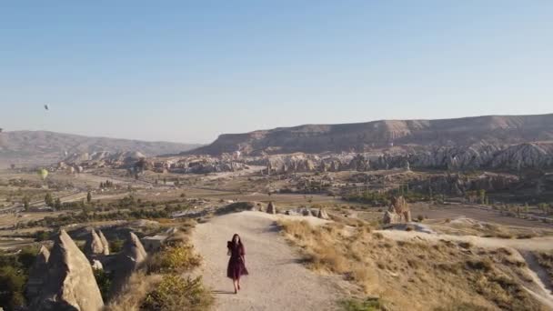 Panoramisch Uitzicht Meisje Dragen Rode Jurk Cappadocië Drone Beeldmateriaal Hot — Stockvideo