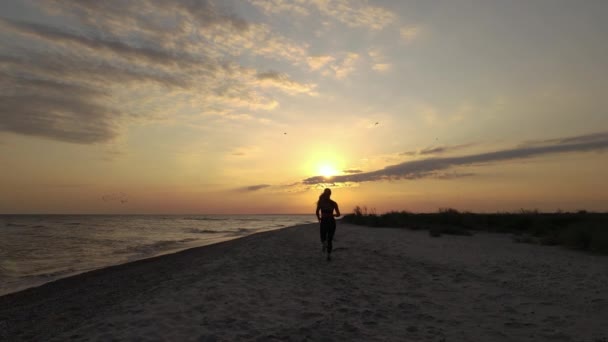 Widok Lotu Ptaka Biegającego Plaży Zachodzie Słońca Fitness Sport Zdjęcia — Wideo stockowe