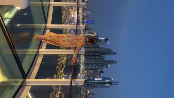 Kobieta Przebywająca Tarasie Hotelowym Dubaju Czas Nocny Piękne Tło Pionowe — Wideo stockowe