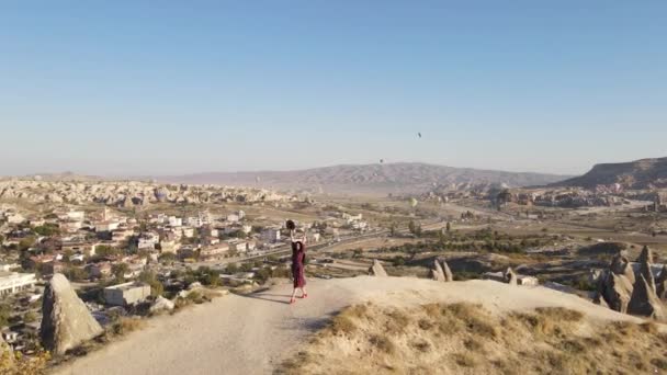 Turkey Cappadocia 2021 Drone Footage Girl Wear Red Dress Cappadocia — Stockvideo