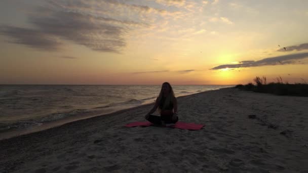 Aerial Athletic Young Woman Meditation Beach Golden Sunset Drone Beautiful — Stockvideo