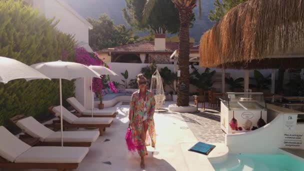 Drone Footage Woman Walking Hotel Pool Beautiful Bathrobe Oludeniz Turkey — Stock Video