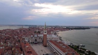 Aerial view of Venetian Lagoon, St. Marks square, Venice canals. sunset time, Italy, 4k video. High quality 4k footage