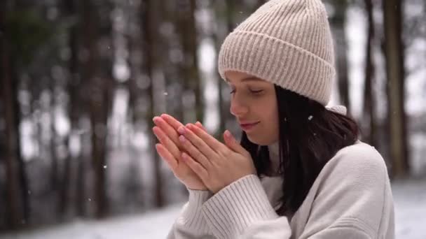 Nagranie Dziewczyny Ciepłe Ręce Uśmiech Las Sezon Zimowy Tło Śniegu — Wideo stockowe