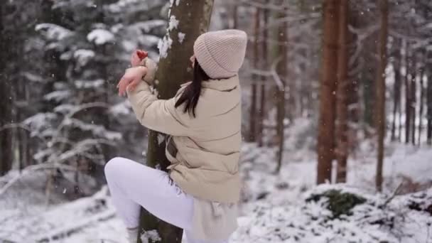 재킷을 모자를 껴안은 나무에 웃으며 카메라를 귀여운 겨울의 오스트리아 아름다운 — 비디오