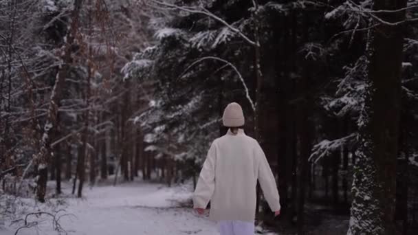 Dziewczyna Białej Kurtce Kapeluszu Spaceruje Lesie Sezonie Zimowym Austria Park — Wideo stockowe