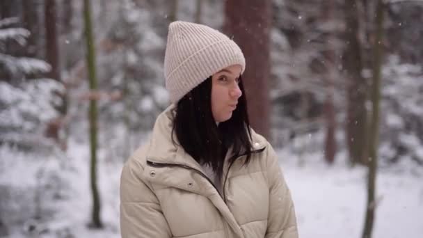 Cute Girl Hat Jacket Looking Camera Smiling Winter Snow Forest — Wideo stockowe