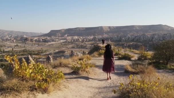 Drone Footage Young Happy Girl Run Rocks Valleys Cappadocia Turkish — Stock Video