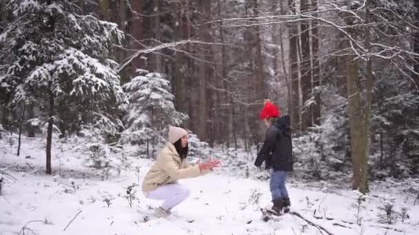 Dziewczyna Złapać Przytulić Młodszego Brata Tło Lasu Zimowego Dzień Śniegu — Wideo stockowe
