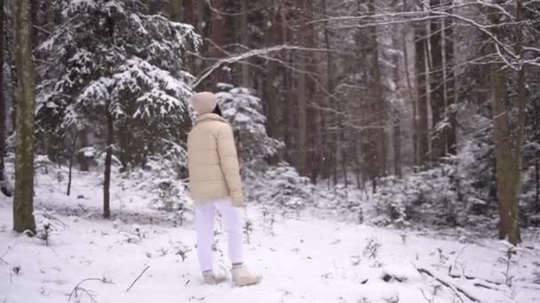 Dziewczyna Kurtce Kapeluszu Spaceruje Lesie Śnieżnym Sezon Zimowy Wideo Wysokiej — Wideo stockowe