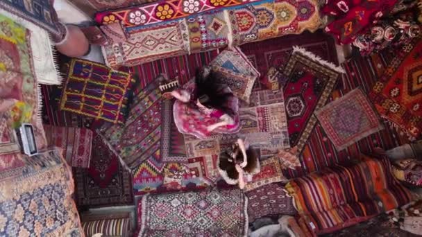 Two Girls Dancing National Carpets Turkey Cappadocia Aerial View Drone — Wideo stockowe