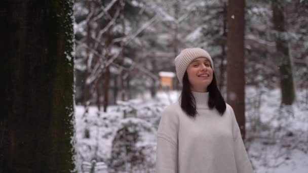 Ceketli Şapkalı Bir Kız Ormanda Eğleniyor Kar Tatilinde Kameraya Bak — Stok video