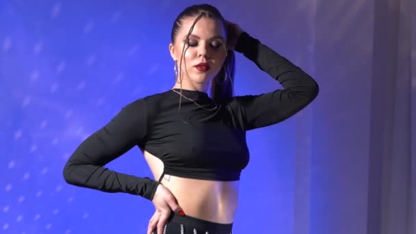 Girl Poses Holding Her Hair Studio Neon Lights High Quality — Stock Video