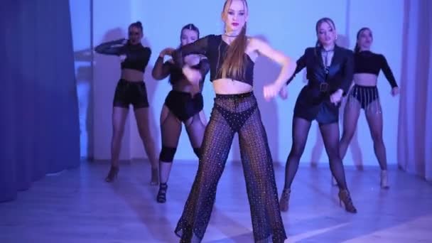 Young Sexy Girls Dancing High Heels Neon Blue Light Studio — Vídeos de Stock