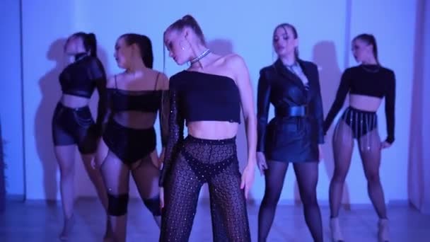 High Heels Dance Girls Neon Light Blue Studio Sexy Emotions — Stock Video