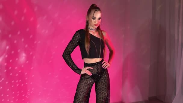 Skinny Beautiful Girl Photo Session Studio Neon Lights Front View — Stockvideo