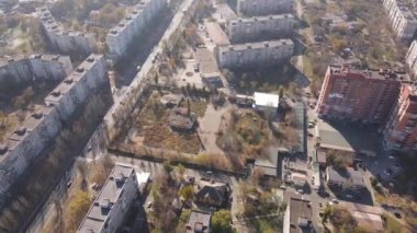 A large territory of an abandoned factory in the center of the city of Mariupol. High quality FullHD footage