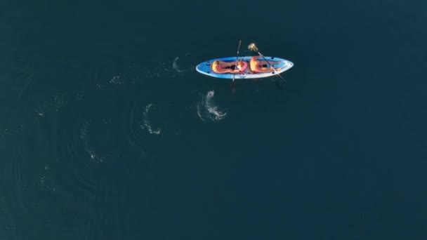 Top View Family Kayaking Blue Sea Woman Man Children High — Stock Video