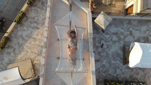 Girl Rides Hammock Dress Aerial View High Quality Fullhd Footage — Wideo stockowe