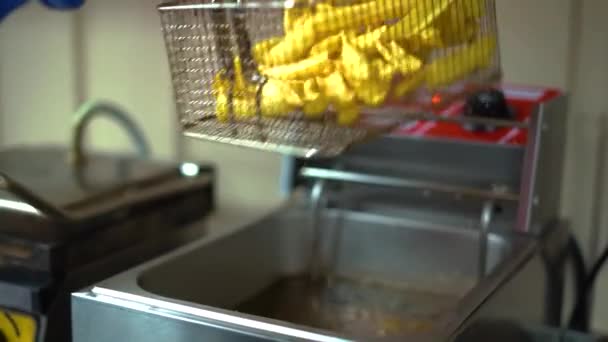 Картошка Фри Фритюрнице Ресторане Быстрого Питания Голубые Перчатки Фастфуд Высококачественные — стоковое видео
