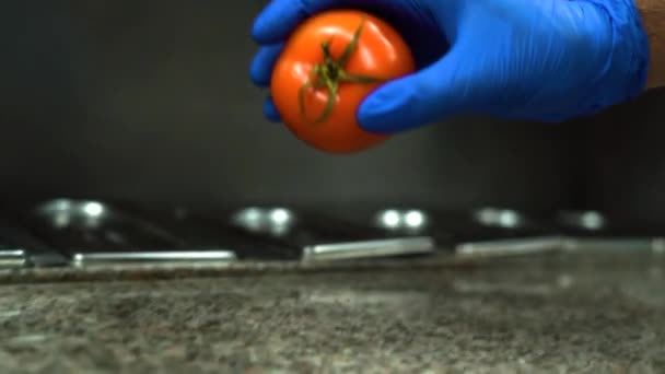 Томатні Рулони Сині Рукавички Збирають Червоний Помідор Кухні Готують Їжу — стокове відео