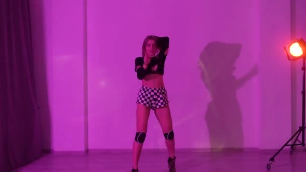 Sexy Woman Plaid Shorts Heels Dance Knee Pads Dancing Spinning — Stock Video
