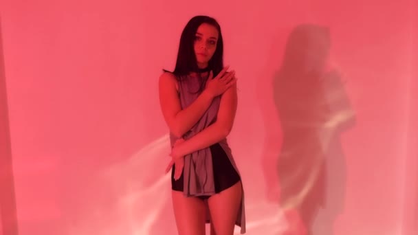 Sexy Brunette Meisje Grijze Kleren Met Zwarte Hoge Hakken Danst — Stockvideo