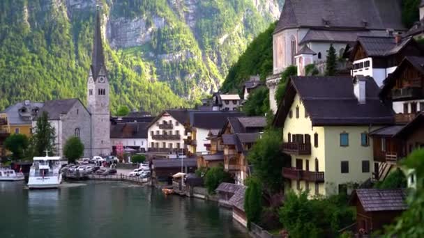 Panoramic Footage Hallstatt Village Alps Mountains Background Austria Stock Drone — Stock Video