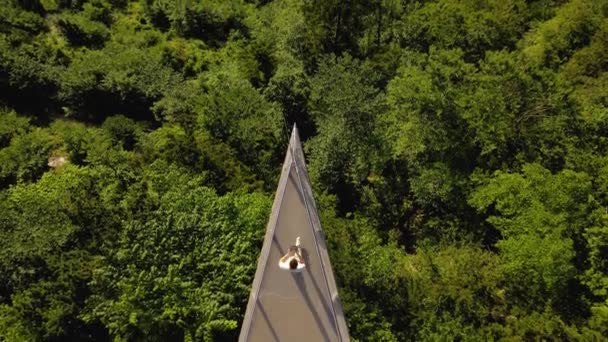带无人机控制器的人的空中景观是走在哈尔斯塔特平台的天桥上 高质量的4K镜头 — 图库视频影像