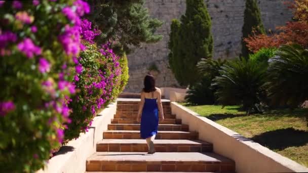 Вид Ззаду Дівчина Білому Платті Ходить Біля Квіткових Кущів Туристичному — стокове відео