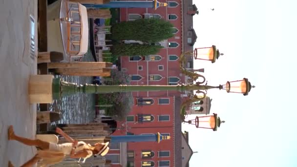 Приваблива Дівчина Гуляє Венеції Італія Час Заходу Сонця Літо Вертикальне — стокове відео