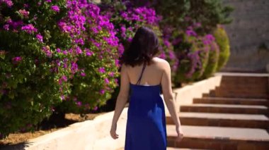 Mavi elbiseli Gril, güneşli bir günde İbiza şehrindeki çiçek çalılarının yanında yürüyor. Yüksek kalite 4k görüntü