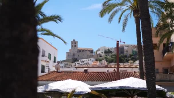 Blick Auf Die Altstadt Von Ibiza Palmen Trave Resort Beach — Stockvideo