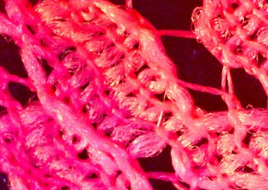 Parlak pembe desen, kumaş parçası, tekstil. Mikroskop altında görüntü, mikro fotoğrafçılık. Bilim, eğitim ve eğitim. Çoklu yakınlaştırma, yakın çekim. Yeni bilimsel fotoğrafçılık