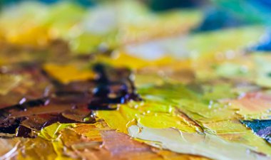 Sıcak renklerde desen. Yağlı ayçiçekleri yakın plan yapar.