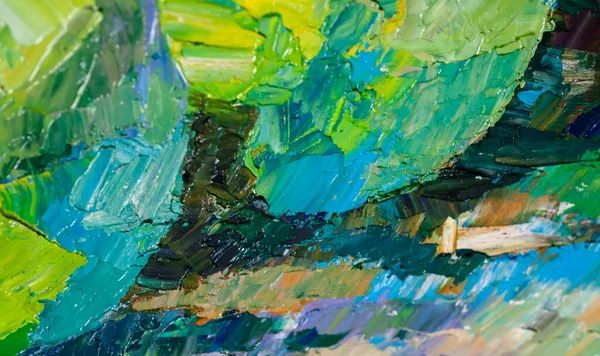 Oil painting texture with blue and green brushstrokes closeup
