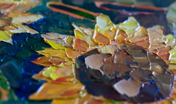 Close-up oil paint strokes depicting sunflowers