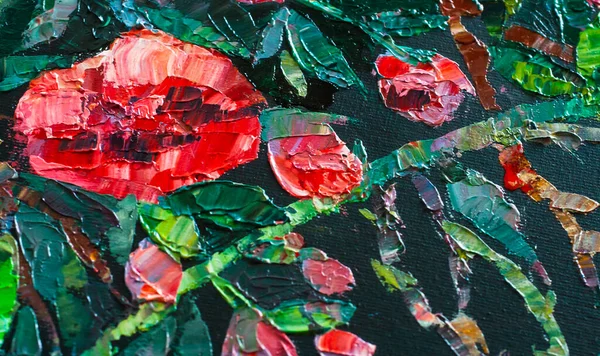 Oil painting pattern with red poppies closeup
