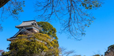 Güneşli mavi gökyüzünde teras ve balkondan Kumamoto Kalesi manzarası