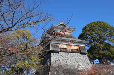 Güneşli mavi gökyüzünde teras ve balkondan Kumamoto Kalesi manzarası