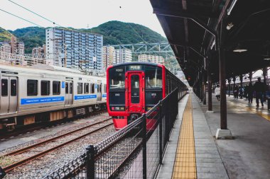 Bir Japon tren istasyonunda bekleyen banliyö treni.