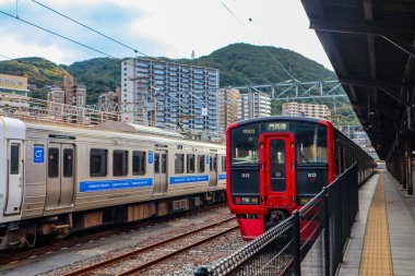 Bir Japon tren istasyonunda bekleyen banliyö treni.