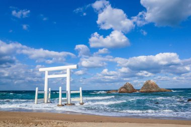 Denizde ikonik beyaz torii kapısı olan Japonya 'nın huzurlu kıyı manzarası..
