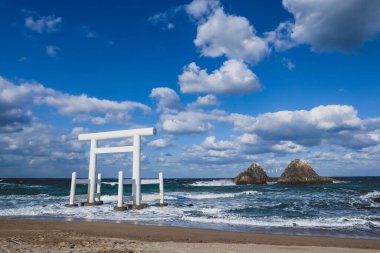 Denizde ikonik beyaz torii kapısı olan Japonya 'nın huzurlu kıyı manzarası..