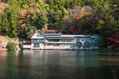 Güzel kırmızı akçaağaç yaprakları Kinrinko gölünde, oita, Japonya, sonbahar güneşli gününde