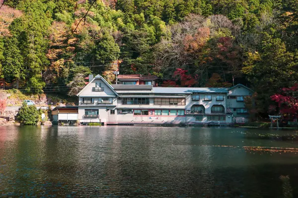 Güzel kırmızı akçaağaç yaprakları Kinrinko gölünde, oita, Japonya, sonbahar güneşli gününde