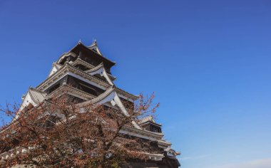 Açık mavi gökyüzüne karşı geleneksel mimarisi ile Japonya 'daki tarihi Kumamoto Kalesi.